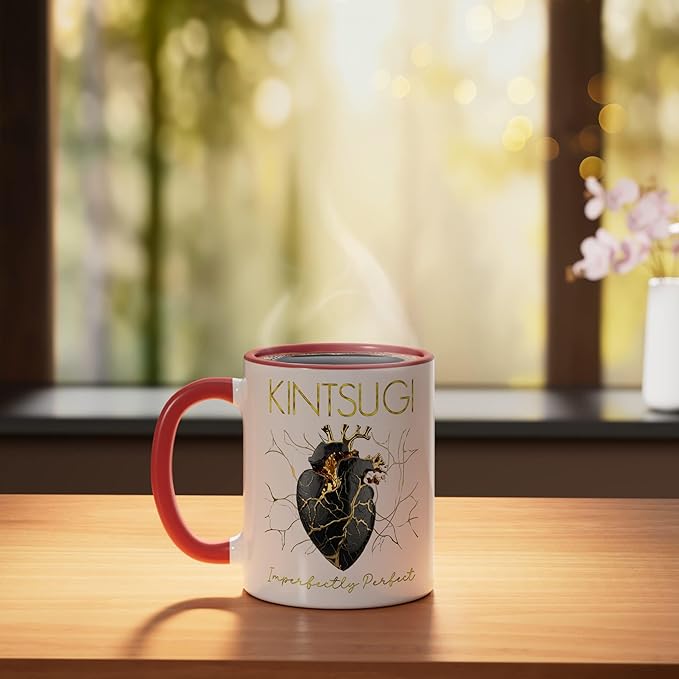 Kintsugi Pottery Golden Heart Japanese Art repair Pottery Ceramic Mug, Red/White