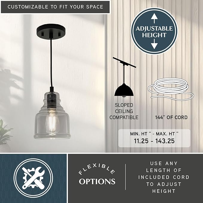 VAXCEL Millie Matte Black Mini Pendant Ceiling Light Smoke Gray Bell Glass