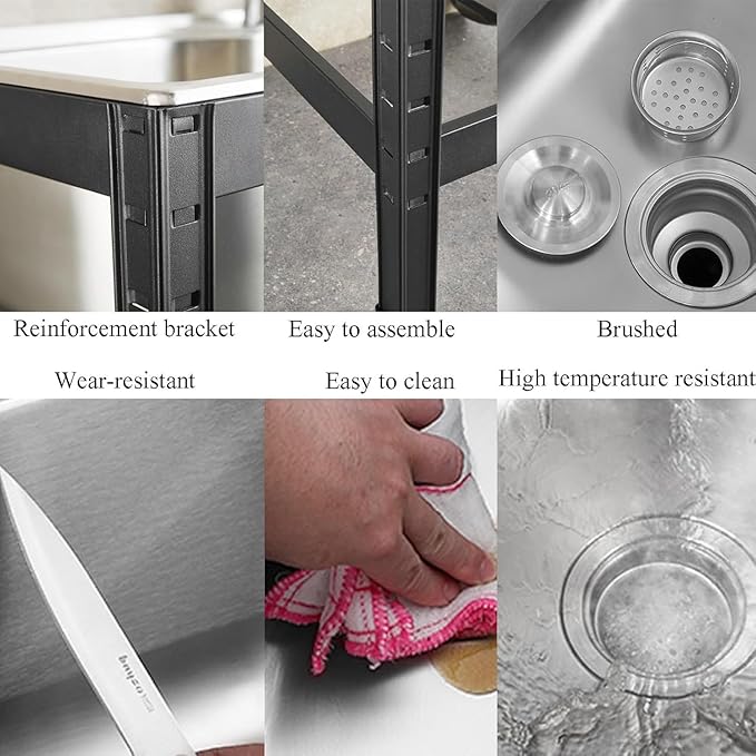 Double Bowl Stainless Steel Sink,FreeStanding Stainless Steel Outdoor Laundry Tub,with Black Storage Shelves, for Garage, Restaurant, Kitchen