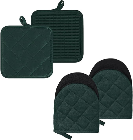 Oven Mitts and Pot Holders Set, Pack of 4, Heat Resistant Silicone Kitchen Mini Oven Mittens for 500 Degrees, Mini Oven Gloves and Hot Pads for Baking Grilling Barbecue Microwave Machine Washable