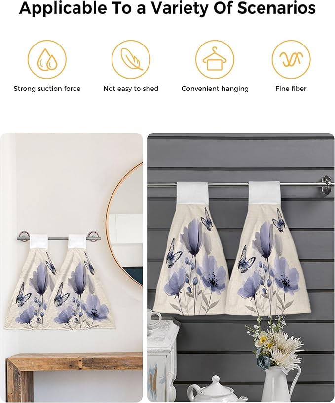 Alandar Home Kitchen Tie Towel Set of 2, Watercolor Purple Flowers Butterfly Absorbent Soft Hand Towels for Bathroom Hanging Towels, Blossom on Vintage Linen Fast Drying Cleaning Cloth with Loop