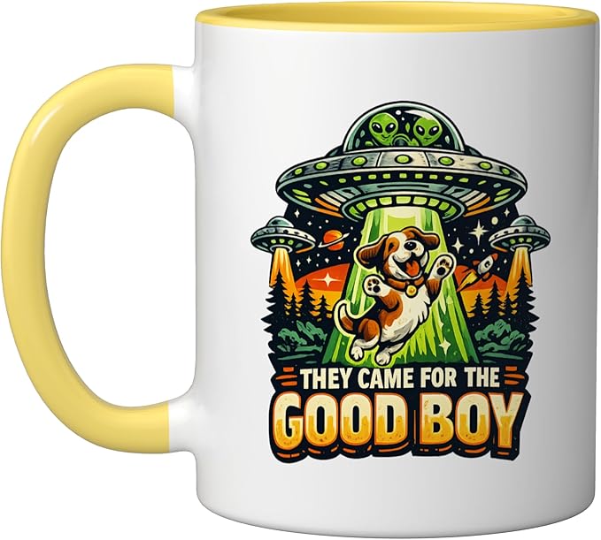 Retro sci-fi dog ufo humor they came for the good boy Ceramic Mug, Yellow/White