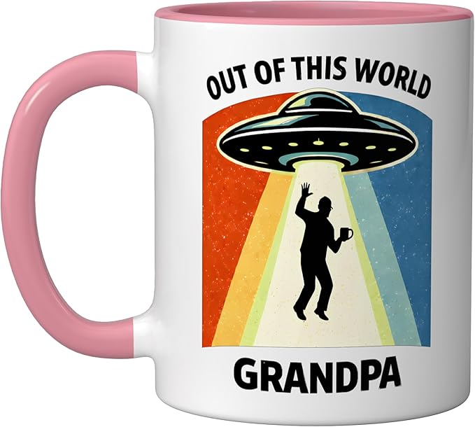Out of This World Alien Grandpa UFO Abduction Grandfather Ceramic Mug, Pink/White