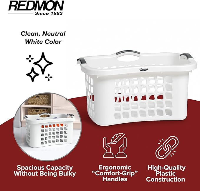 Redmon Comfort Grip Clothes Basket, Durable Plastic Laundry Storage with Ergonomic 3 Side Handles and Vented Design for Easy Carrying, White