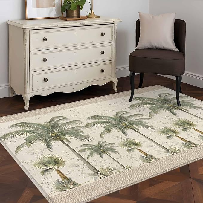 Area Rug 4x6ft, Coastal Tropical Olive Green Palm Trees Washable Rugs for Living Room Bedroom, Classic Retro Linen Soft Non-Slip Area Rugs Rectangle Floor Carpet for Dining Room