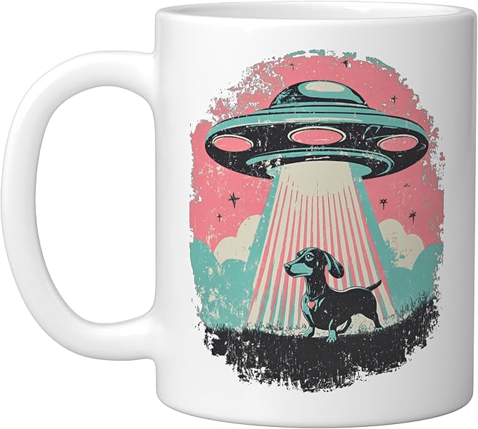 Retro UFO Dachshund Dog Alien Beam Vintage Sci Fi Pooch Ceramic Mug, White