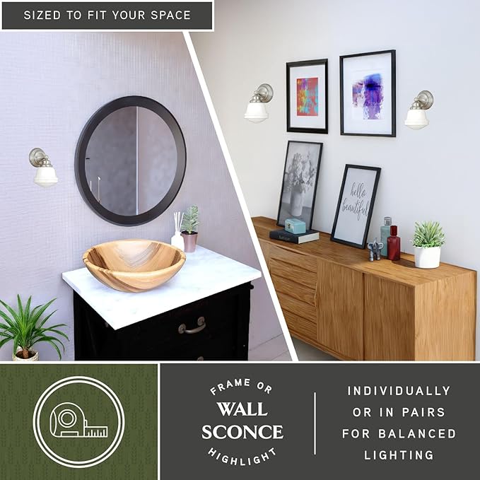 VAXCEL Huntley 1-Light 6.75 inch Wide Satin Nickel Farmhouse Bathroom Vanity Lighting Fixture, White Schoolhouse Milk Glass Globe Shade, Dimmable, LED Compatible, Wall Mounted Steel Sconce