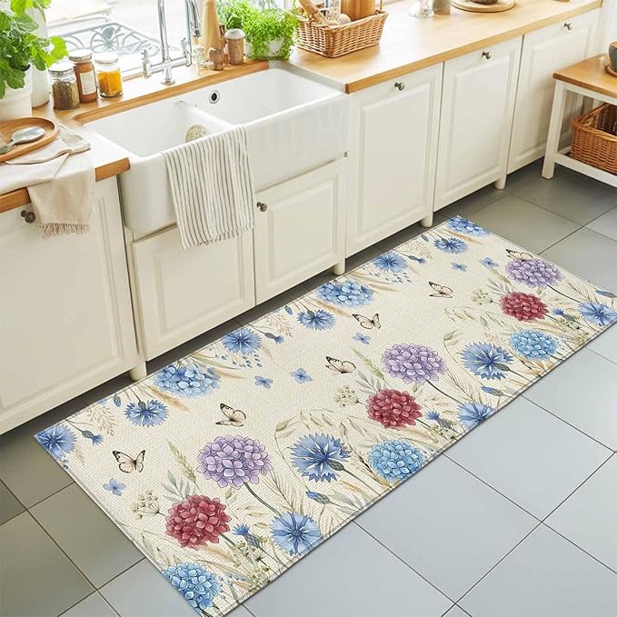 Runner Rug for Bedroom Hallway, Spring Watercolor Garden Flower Kitchen Runner Rugs Area Rug 2x6ft, Hydrangea Floral on Burlap Washable Soft Floor Carpet for Entryway Stair