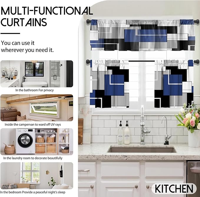 MCALK Navy Blue Blackout Kitchen Curtains Tiers and Valances for Windows, Geometric Modern Art Kitchen Window Curtains, Grey and Black Valances for Living Room (36" Tiers Set)