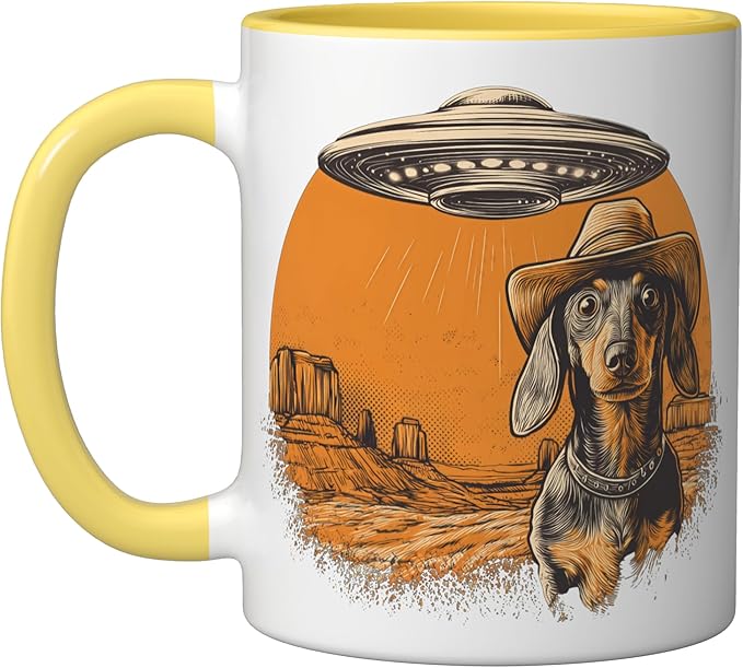 Retro Western UFO Dachshund Cowboy Alien Sci Fi Desert Ceramic Mug, Yellow/White