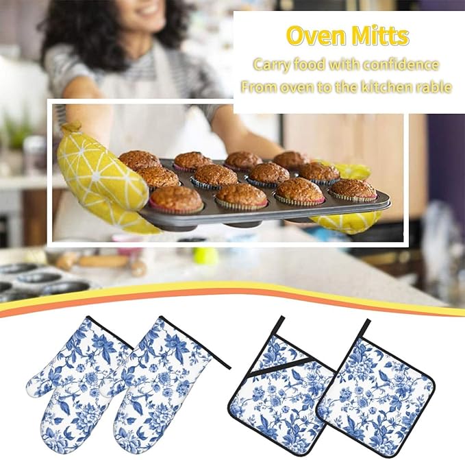 4 Pcs Blue and White Flower Oven Mitts and Potholders,Kitchen Oven Glove with Pot Holders,Non-Slip Gloves High Heat Resistant 500 Degree for BBQ, Grill, Baking, Cooking, Oven, Microwave