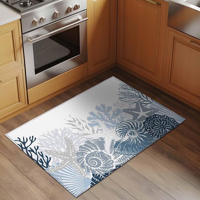 Area Rug 2x3ft, Underwater Blue Shells Starfish Coral Washable Rugs for Living Room Bedroom, Summer Botantical Soft Non-Slip Area Rugs Rectangle Floor Carpet for Dining Room