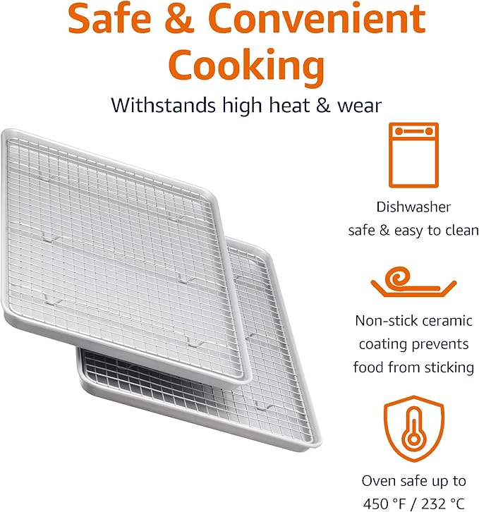Amazon Basics Ceramic Nonstick Baking Sheets & Cooling Rack Set, Dishwasher Safe, Oven Safe, Half Sheet Size, Gray, 2-Pack