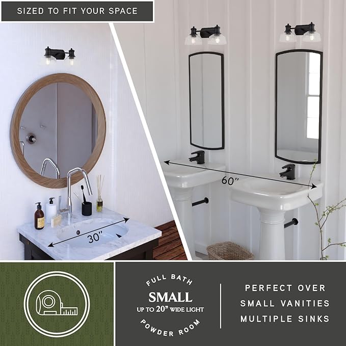 VAXCEL Beloit 2-Light 17 inch Wide Matte Black Farmhouse Bathroom Vanity Lighting Fixture, Clear Seeded Glass Shade, Dimmable, LED Compatible, Over The Mirror Mounted Metal Wall Sconce