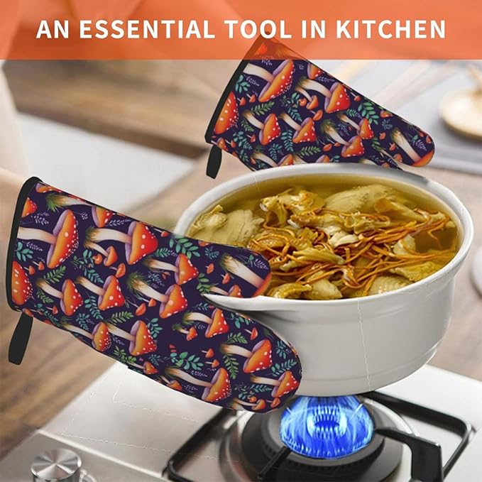 Mushroom Oven Mitts of 2-Pack Set, Funny Kitchen Gloves Heat Resistant Non-Slip Kitchen Mitts Safe Cooking Baking Grilling