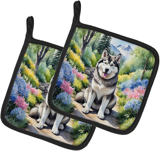 Caroline's Treasures Alaskan Malamute Spring Garden Pair of Pot Holders Kitchen Heat Resistant Pot Holders Sets Oven Hot Pads for Cooking Baking BBQ, 7 1/2 x 7 1/2