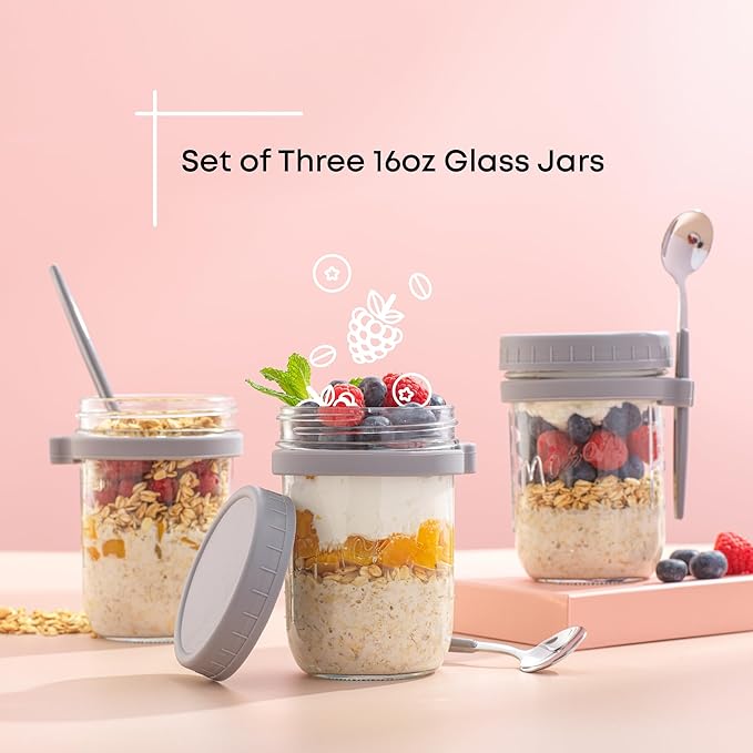 JoyJolt 3-Pack Overnight Oats Containers with Lids and Spoons Set, 16 oz Mason Jars for Overnight Oats, Chia Pudding Jars with Lids - BPA-Free, Leak Proof Small Containers for Meal Prep