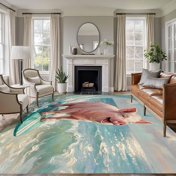 Area Rug 6x9ft, Surfing Farm Pink Pig Washable Rugs for Living Room Bedroom, Summer Blue Sea Wave Beach Soft Non-Slip Area Rugs Rectangle Floor Carpet for Dining Room