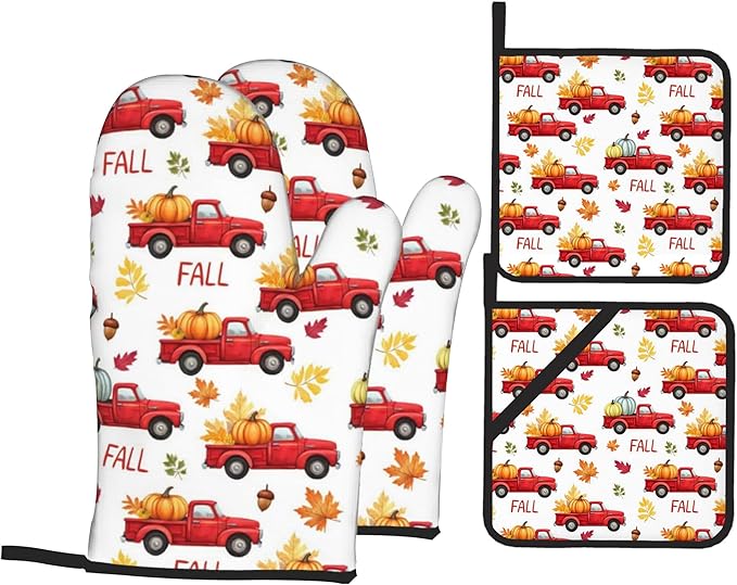 Fall Oven Mitts and Hot Pads Set - Truck Design, Heat Resistant Cute Pot Holders for Kitchen, Baking Gifts for Women