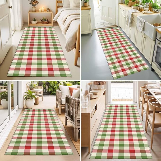 Runner Rug for Bedroom Hallway, Vintage Pastoral Red Green Buffalo Gingham Kitchen Runner Rugs Area Rug 2x6ft, Christmas Plaid Washable Soft Floor Carpet for Entryway Stair