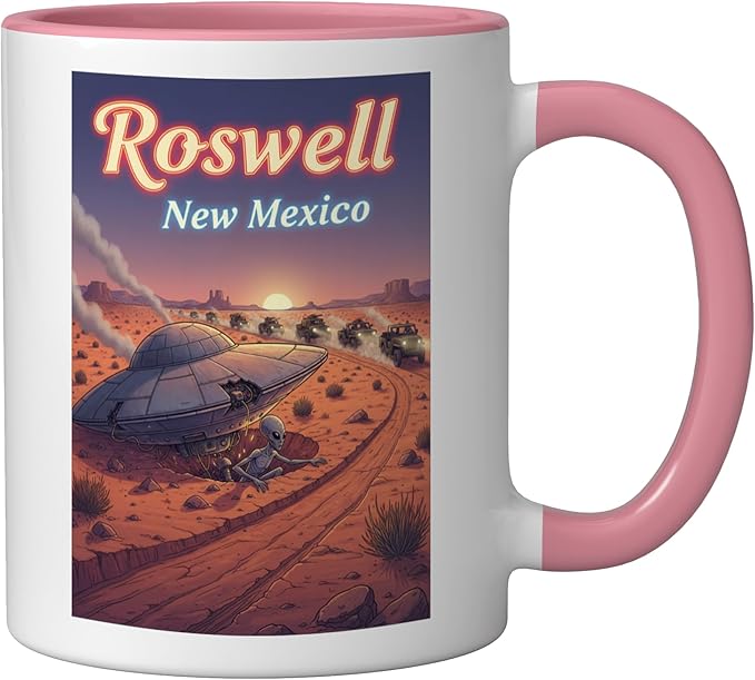 Roswell New Mexico UFO Crash in the Desert Alien Souvenir Ceramic Mug, Pink/White