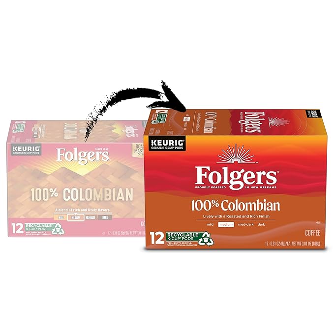 Folgers 100% Colombian Medium Roast Coffee, 12 Keurig K-Cup Pods (Pack of 2)