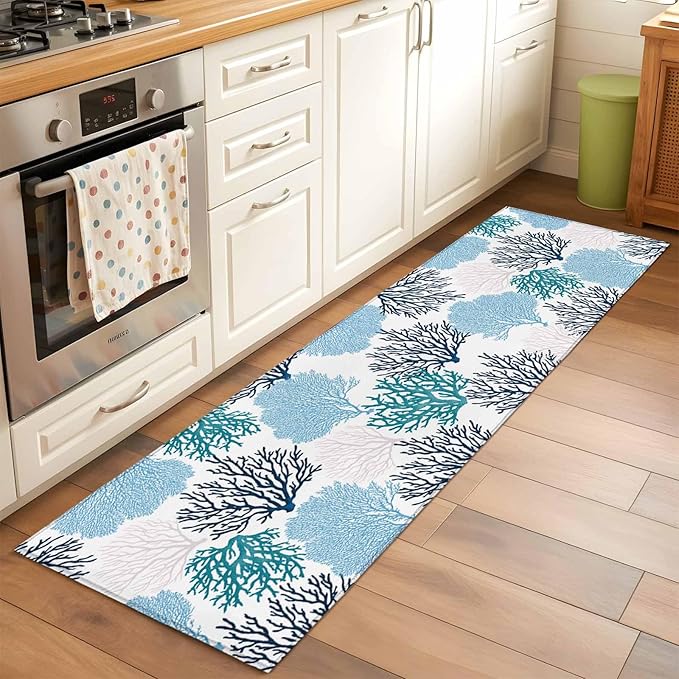 Runner Rug for Bedroom Hallway, Classic Sea Blue Coral Kitchen Runner Rugs Area Rug 2x6ft, Abstract Marine Life Scenery Washable Soft Floor Carpet for Entryway Stair