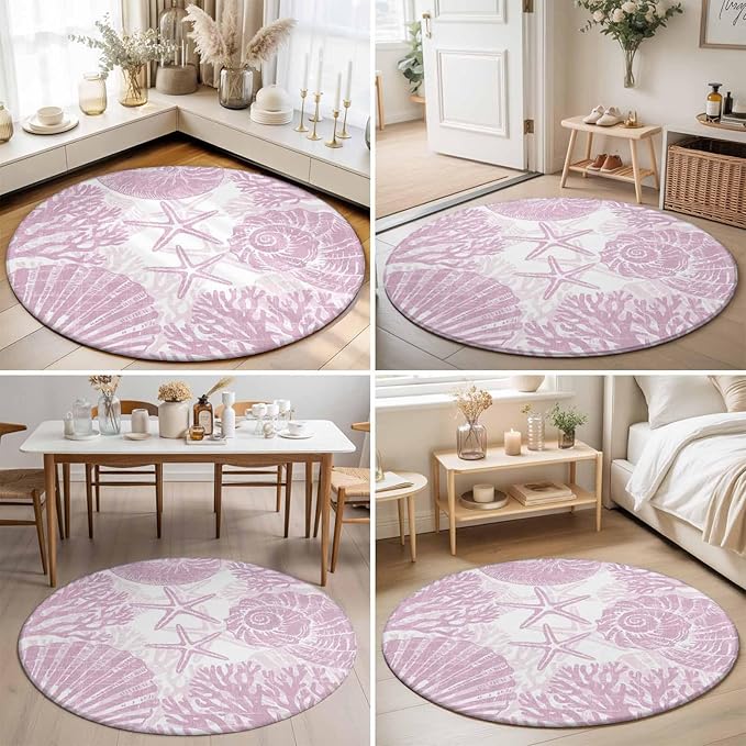 Washable Round Area Rug Watercolor Summer Marine Creature Circle Rugs Floor Carpet for Living Room Bedroom, Pink Starfish Shell Conch Soft Non Slip Round Rug 5ft