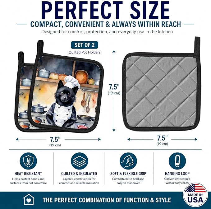 Caroline's Treasures Schipperke The Chef Pair of Pot Holders Kitchen Heat Resistant Pot Holders Sets Oven Hot Pads for Cooking Baking BBQ, 7 1/2 x 7 1/2