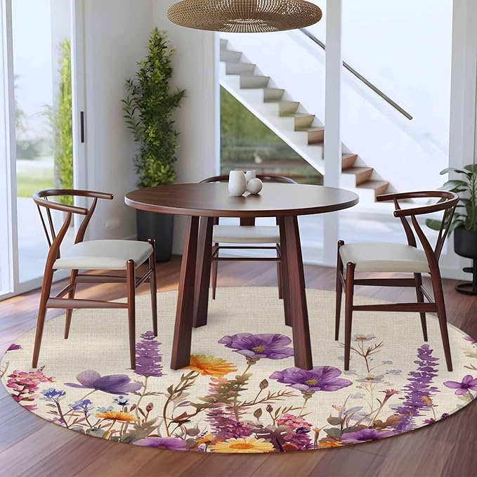 Washable Round Area Rug Country Flower Purple Lavender Plant Circle Rugs Floor Carpet for Living Room Bedroom, Retro Linen Soft Non Slip Round Rug 5ft