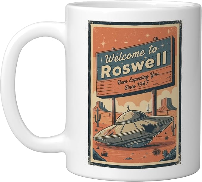 Roswell UFO Retro Tourism Souvenir Flying Saucer Crash Alien Ceramic Mug, White