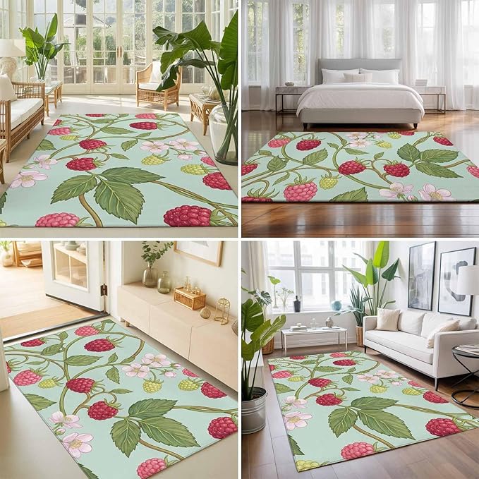 Area Rug 3x5ft, Farmhouse Berry Red Pink Blossoms Flower Washable Rugs for Living Room Bedroom, Green Leaves Soft Non-Slip Area Rugs Rectangle Floor Carpet for Dining Room
