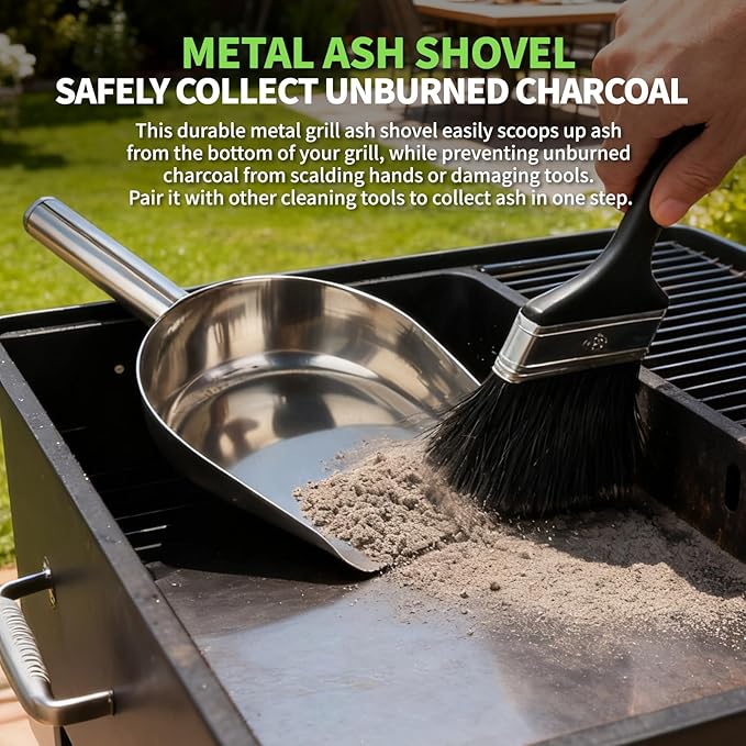 Grill Ash Cleaning Pellet 4-Piece Kit（Metal Material Durability） Includes Wire Brush，Ash Shovel，Bristle Brush，Angled Shovel，Effortlessly Removes Stubborn Grime & Collects Ash Debris