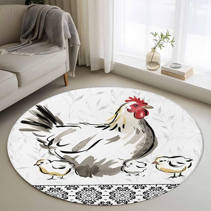 Washable Round Area Rug Country Farmhouse Rooster Circle Rugs Floor Carpet for Living Room Bedroom, Watercolor Animal Flower Pattern Soft Non Slip Round Rug 4ft