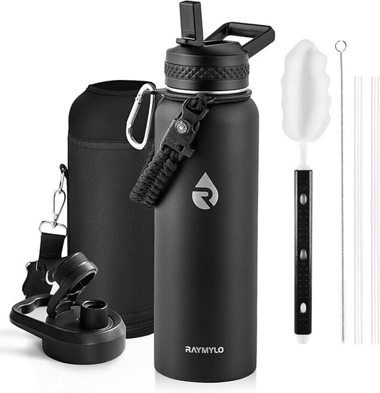 RAYMYLO Insulated Water Bottle 40 oz, Triple Wall Vacuum Stainless Steel (Cold for 36Hrs, Hot for 18Hrs), Leak Proof & Non-BPA, Modern Water Flask Jug with Paracord Handle & Straw Spout Lids
