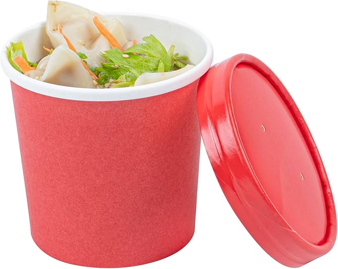 Restaurantware-Bio Tek 12 Ounce Disposable Soup Cups, 200 Microwavable Paper Soup Cups - Vented Lids Sold Separately, Hot And Cold Foods, Red Paper To Go Soup Containers, For Desserts Or Treats