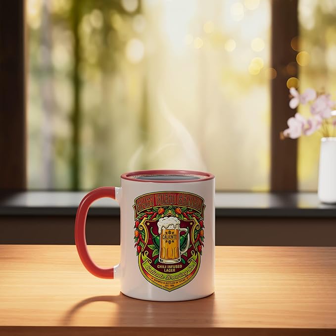 Spicy Fuego Cerveza Chili Texas Drinking Vintage Beer Label Ceramic Mug, Red/White