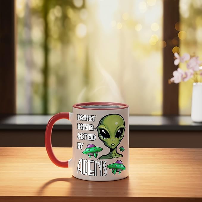 Easily Distracted By Aliens Funny Sci Fi Apparel Design Ceramic Mug, Red/White