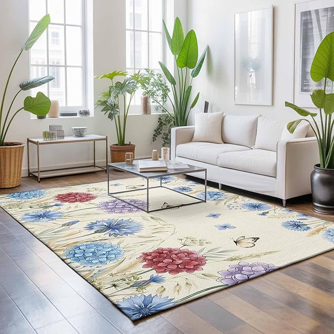 Area Rug 9x12ft, Spring Watercolor Garden Flower Washable Rugs for Living Room Bedroom Rectangle Floor Carpet, Hydrangea Floral on Burlap Soft Non-Slip Area Rugs for Dining Room
