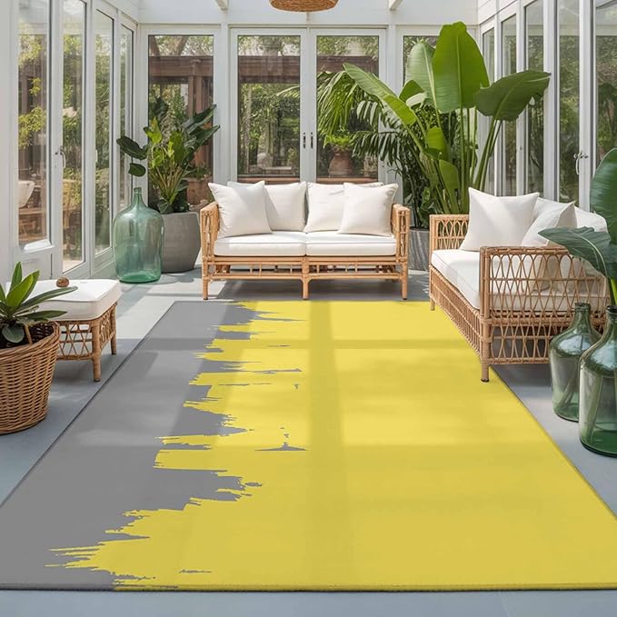 Area Rug 3x5ft, Abstract Yellow Grey Graffiti Washable Rugs for Living Room Bedroom, Oil Painting Artwork Soft Non-Slip Area Rugs Rectangle Floor Carpet for Dining Room