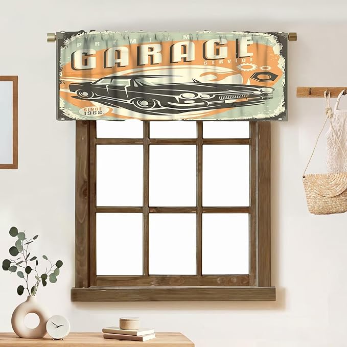 Man Cave Valances Curtains Promotional Retro Design Auto Mechanic Car Service Style Concept Nostalgic Vehicle Windows Short Curtain Valance for Kitchen Bedroom with Rod Pocket, 1 Panel 54X18 Inches
