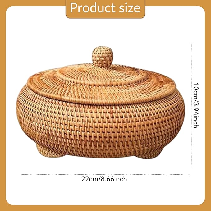 Round Rattan Box with Lid, 8.7x4 Inch Rattan Basket Hand-Woven Round Woven Basket Desktop Decorative Box for Home Farmhouse Kitchen..