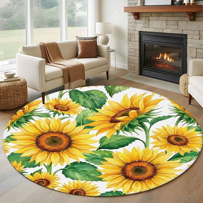 Washable Round Area Rug Summer Garden Sunflower Leaves Circle Rugs Floor Carpet for Living Room Bedroom, Farm Blossom Floral Soft Non Slip Round Rug 5ft