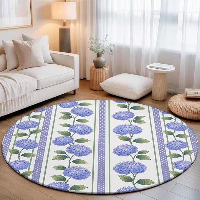 Washable Round Area Rug Garden Purple Hydrangea Flower Circle Rugs Floor Carpet for Living Room Bedroom, Watercolor Floral Leaves Soft Non Slip Round Rug 5ft
