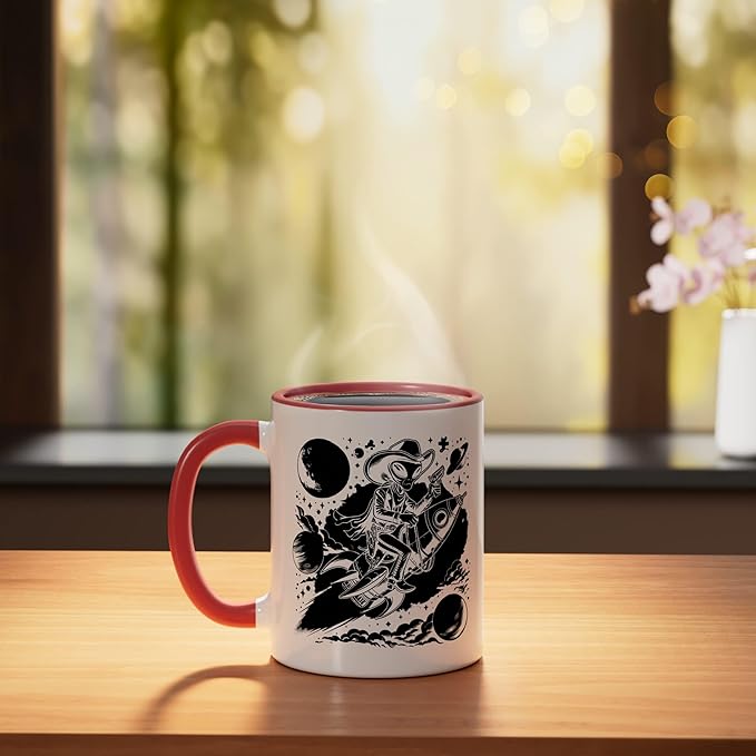 Alien Lover Flying Saucer UFO Extraterrestrial Cowboy Ceramic Mug, Red/White