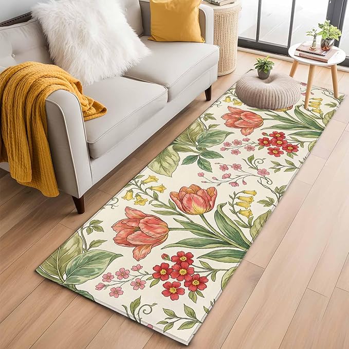 Runner Rug for Bedroom Hallway, Vintage Tulips Red Daisies Kitchen Runner Rugs Area Rug 2x6ft, Yellow Blooms Floral Pattern Washable Soft Floor Carpet for Entryway Stair