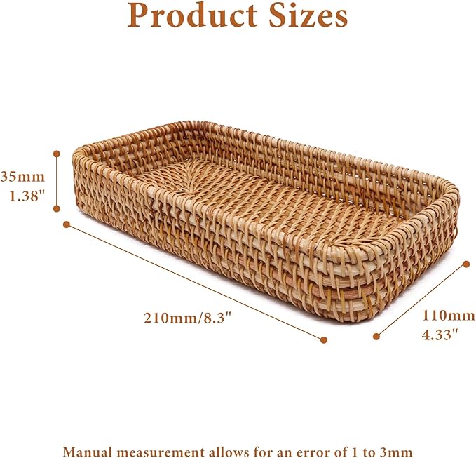 Rattan Storage Baskets, Rectangular Woven Baskets for Storage, Key Basket for Entryway, Decorative Storage Baskets for Organizing for Living Room, Bedroom, Kitchen(8.3" × 4.3" × 1.4")