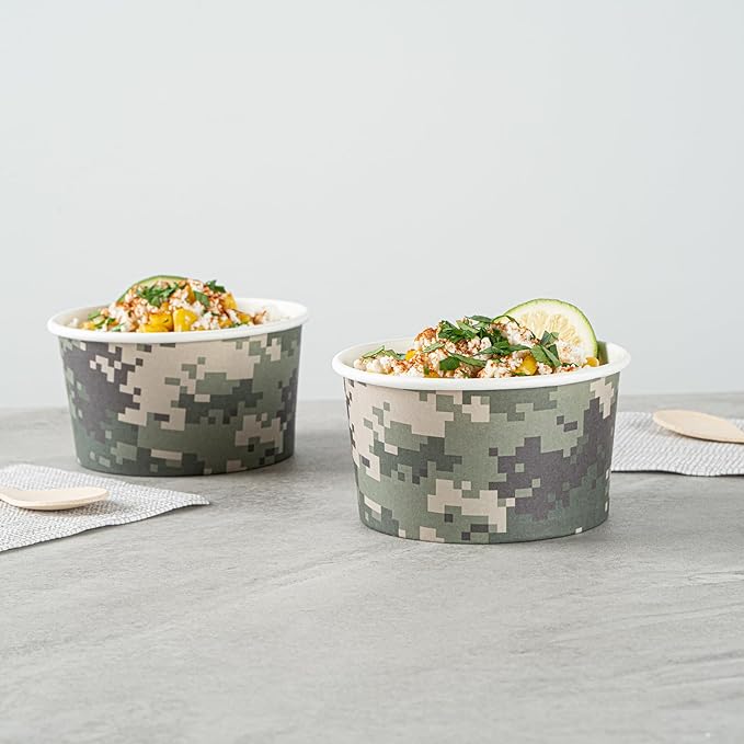 Coppetta 8 Ounce Dessert Cups, 80 Disposable Ice Cream Cups - Lids Sold Separately, Sturdy, Camouflage Paper FroYo Bowls, For Hot And Cold Foods, Perfect For Gelato Or Mousse - Restaurantware