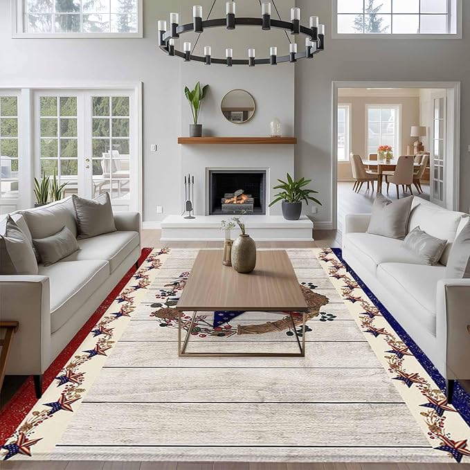 Area Rug 6x9ft, Retro USA Flag Star and Berry Washable Rugs for Living Room Bedroom, Wooden Texture Soft Non-Slip Area Rugs Rectangle Floor Carpet for Dining Room