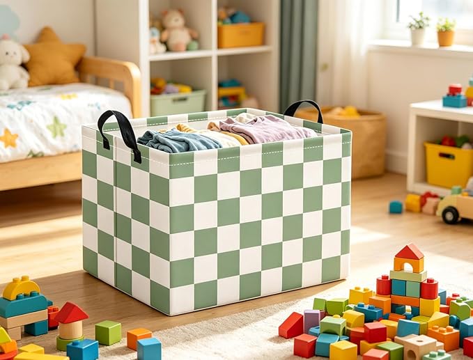 HIYAGON Rectangular Kids Basket Baby Girl Basket Fabric Storage Bin Organizer Box Room Decor(Green Checkered)